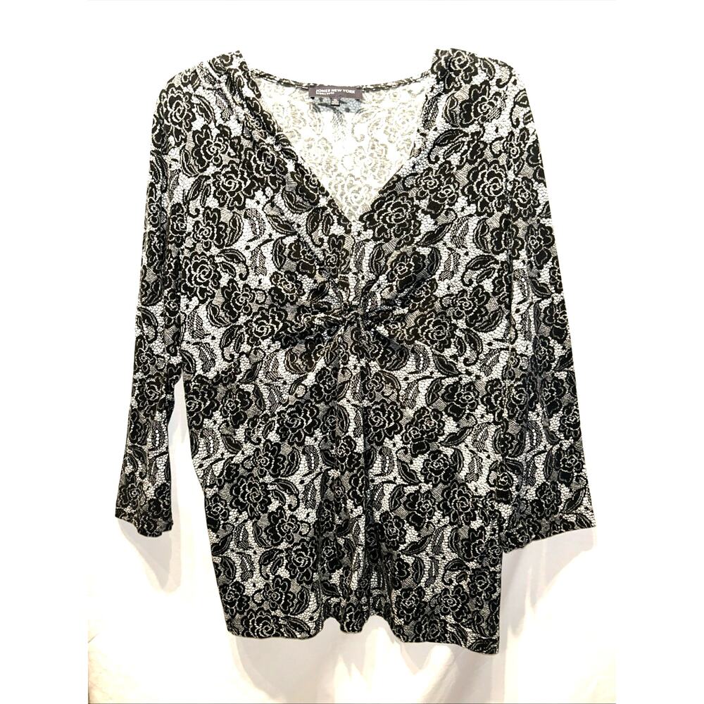 Jones New York Signature Women’s XL Babydoll Blouse Black Lace Print On Cotton